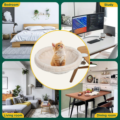 Cat Desk Bed, round Cat Bed for Desk，Adjustable Steel Frame, Indoor Desk Perch for Cat up to 25 Lbs, Unique and Modern Cat Furniture（Cream）