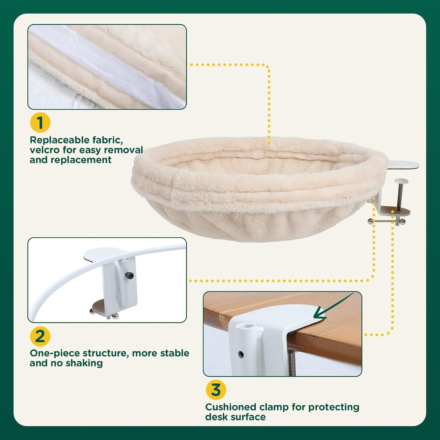 Cat Desk Bed, round Cat Bed for Desk，Adjustable Steel Frame, Indoor Desk Perch for Cat up to 25 Lbs, Unique and Modern Cat Furniture（Cream）