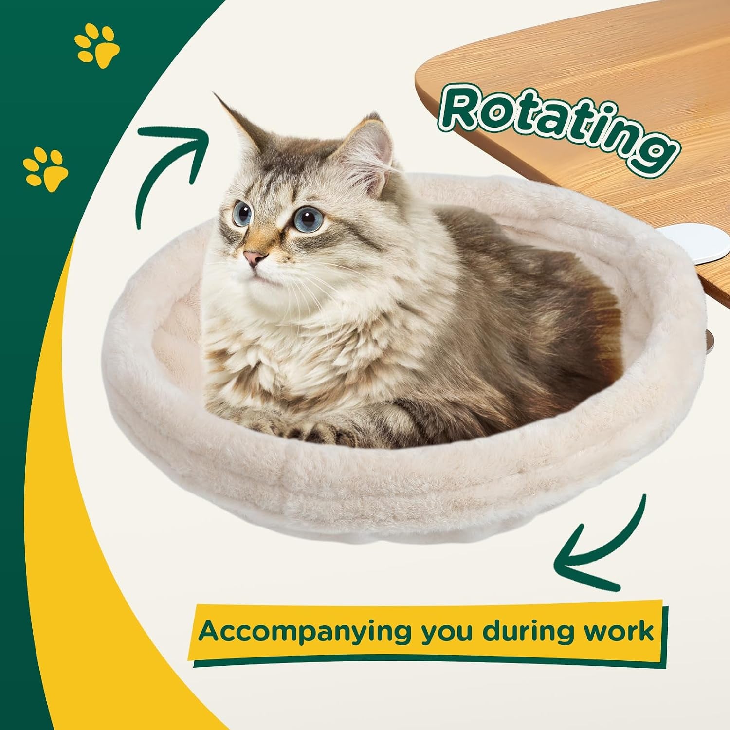 Cat Desk Bed, round Cat Bed for Desk，Adjustable Steel Frame, Indoor Desk Perch for Cat up to 25 Lbs, Unique and Modern Cat Furniture（Cream）